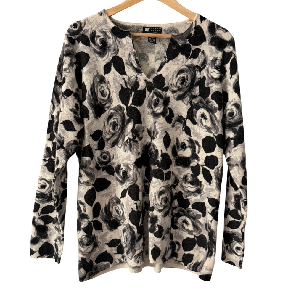 Carole Little Sweater Womens 3X Gray Floral Rose Print Lambswool Angora Beaded